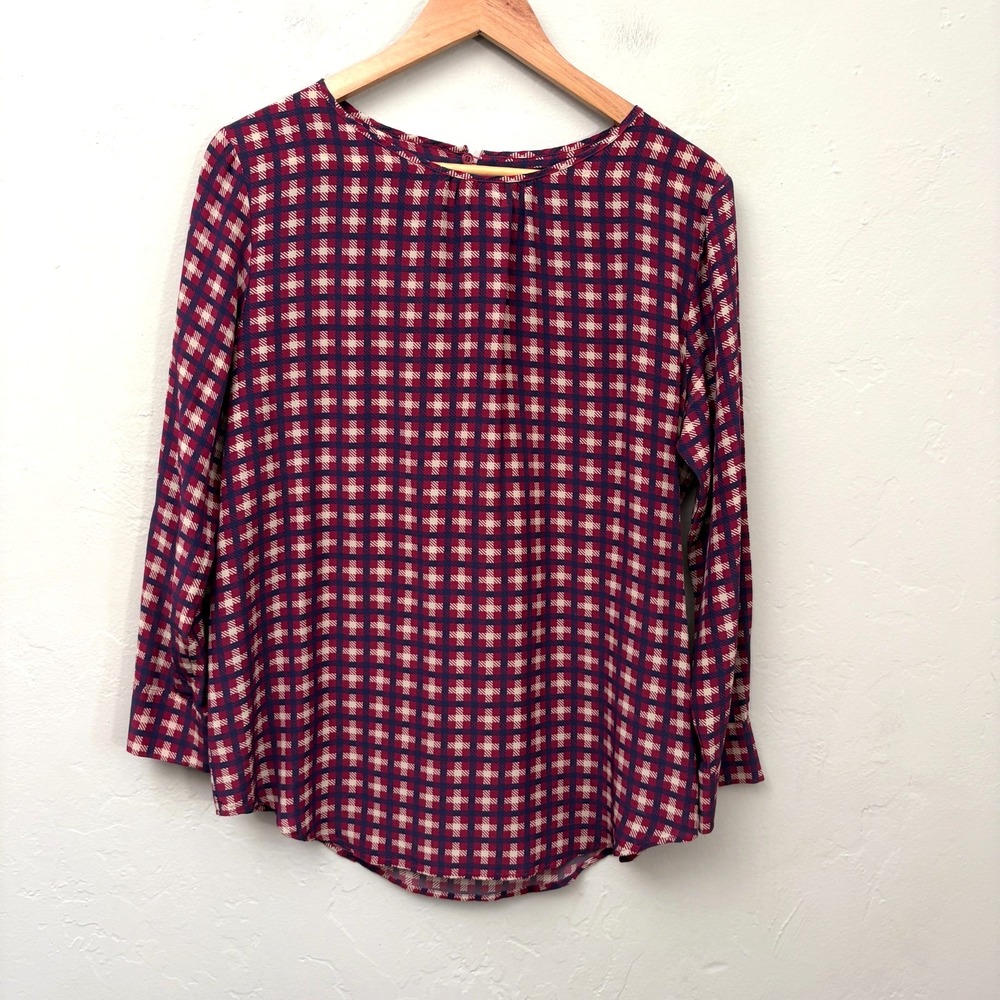Weekend Max Mara Silk Plaid Top Women Size Medium Purple Blue Long Sleeve
